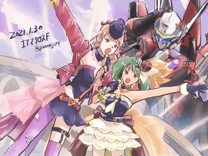 2021 2girls blonde_hair choker commentary_request concert dated dress green_hair hat highres macross macross_frontier macross_frontier:_sayonara_no_tsubasa mecha microphone multiple_girls music pantyhose ranka_lee robot salute science_fiction sheryl_nome signature singing sketch skirt thighhighs torn_clothes torn_pantyhose variable_fighter yf-29 yumekijiiro