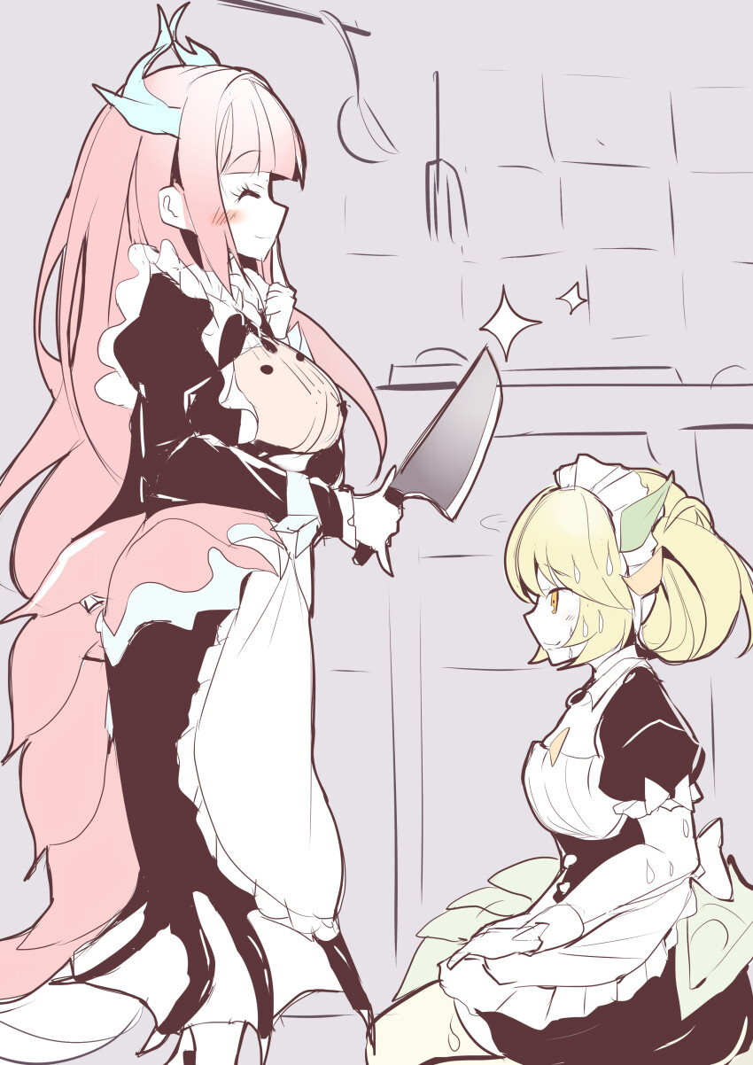 2girls absurdres apron blush breasts closed_mouth dragon_girl dragon_horns dragon_tail dragon_wings duel_monster finger_to_mouth frilled_apron frills green_hair highres holding holding_knife horns kanzakietc kitchen kitchen_dragonmaid kitchen_knife knife large_breasts long_hair long_sleeves maid_apron medium_breasts multiple_girls nervous nervous_sweating orange_eyes parlor_dragonmaid puffy_long_sleeves puffy_short_sleeves puffy_sleeves red_hair short_sleeves smile sweat tail waist_apron white_apron wings yu-gi-oh!
