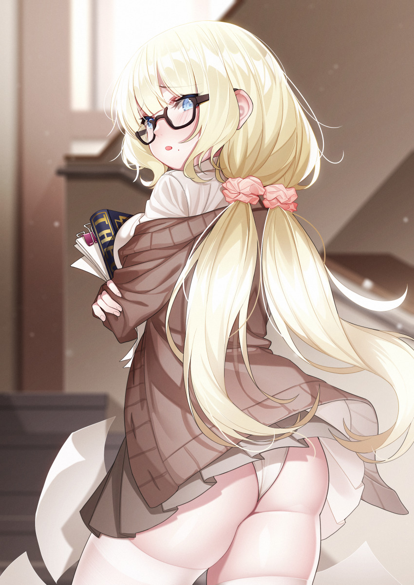 1girl :o absurdres ass blonde_hair blue_eyes blurry blurry_background blush book breast_press brown_cardigan brown_skirt cardigan embarrassed highres holding holding_book huge_filesize long_hair looking_at_viewer myndi original panties pantyshot paper pink_scrunchie scrunchie semi-rimless_eyewear shirt skirt solo stairs surprised the_cold thick_thighs thighhighs thighs twintails under-rim_eyewear underwear wavy_hair white_shirt wind wind_lift