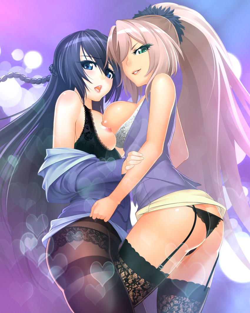 2girls :o absurdres anesha ar_tonelico ass bad_id bad_pixiv_id black_hair black_panties blonde_hair blue_eyes bra bra_pull breast_press breasts clothes_pull cowboy_shot cross_edge flat_ass from_behind garter_belt garter_straps green_eyes highres long_hair looking_at_viewer looking_back lucknight misha_arsellec_lune multiple_girls nipples open_mouth panties panties_under_pantyhose pantyhose ponytail scrunchie standing symmetrical_docking thighband_pantyhose thighhighs tsurime underwear