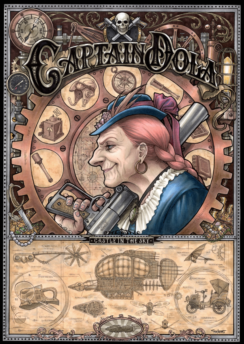 1girl abacus aqua_eyes artist_name aviator_cap beads blueprint_(object) book braid carriage compass copyright_name dola_(laputa) explosive female_focus from_side gears grenade gun handgun hat hat_ribbon highres light_bulb old old_woman pink_hair profile ribbon signature skull smile solo steampunk studio_ghibli sword takumi_(marlboro) tenkuu_no_shiro_laputa treasure trigger_discipline weapon wrinkled_skin