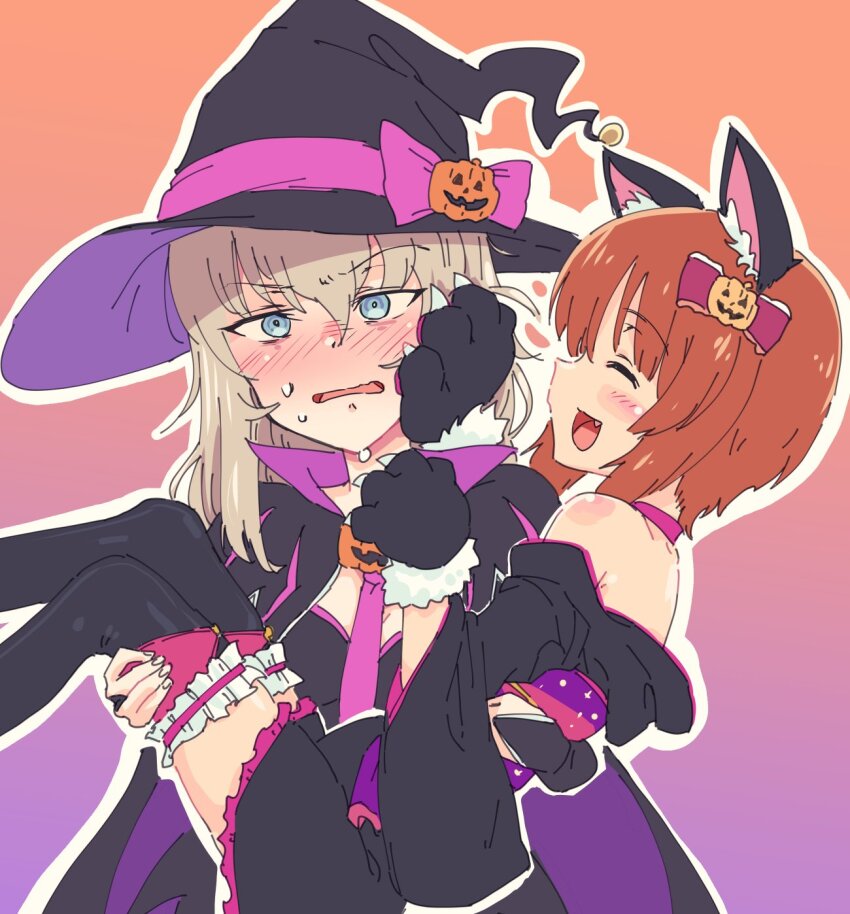 2girls animal_ears animal_hands blonde_hair blue_eyes blush brown_hair cape carrying cat_ears closed_eyes fake_animal_ears fang food-themed_hair_ornament girls_und_panzer gloves hair_ornament halloween halloween_costume hat highres itsumi_erika long_hair monolith_(suibou_souko) multiple_girls nishizumi_miho open_mouth paw_gloves princess_carry pumpkin_hair_ornament short_hair smile sweat witch_hat yuri
