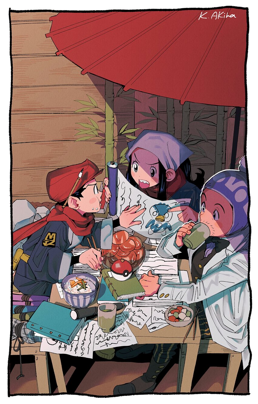 1girl 2boys absurdres akari_(pokemon) artist_name bamboo black_hair blush_stickers border buttons chair chopsticks coat commentary_request drinking eating facial_hair food food_on_face galaxy_expedition_team_survey_corps_uniform gen_4_pokemon hat headscarf highres hisuian_poke_ball holding holding_chopsticks japanese_clothes katajima_akira kimono lab_coat professor_laventon leaf long_hair long_sleeves multiple_boys nintendo notebook oil-paper_umbrella open_mouth pants paper piplup poke_ball pokemon pokemon_legends:_arceus red_headwear red_scarf rei_(pokemon) rice rice_on_face scarf sharp_teeth short_hair sitting table teeth umbrella white_border white_coat white_headscarf white_scarf