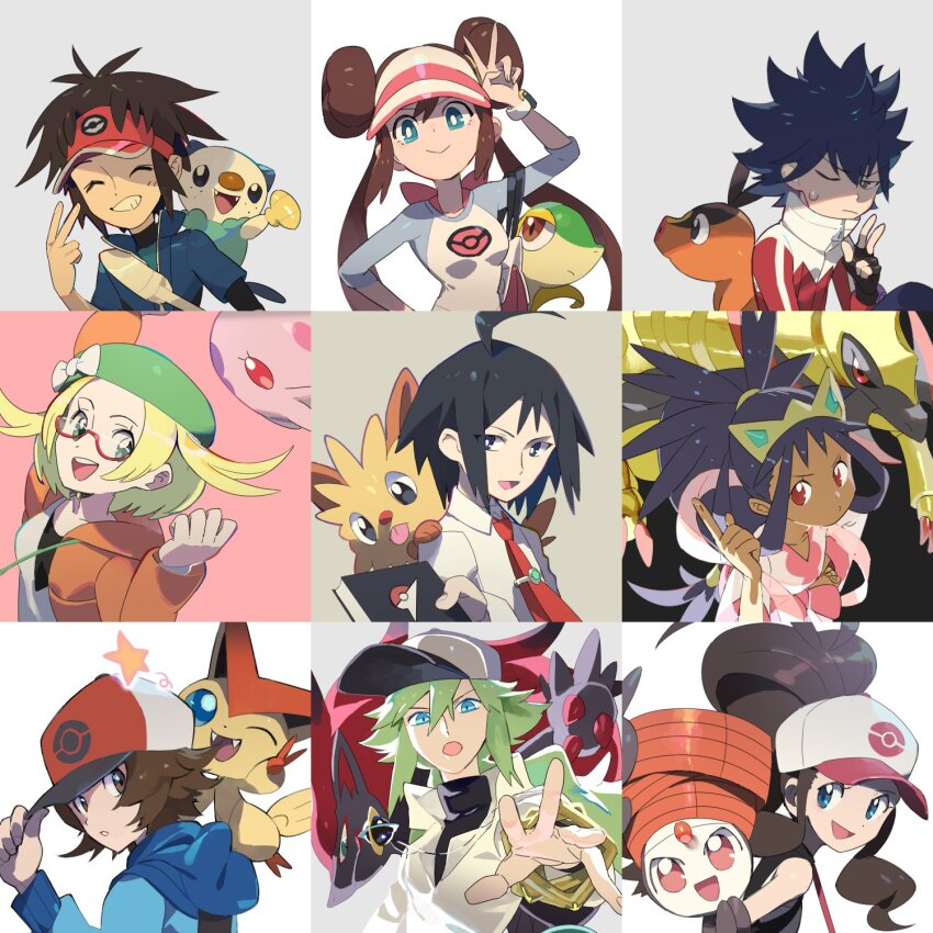 4girls 5boys :d :o ;( ahoge arm_up bianca_(pokemon) black_eyes black_hair black_vest blue_eyes blue_hair blue_jacket book bow brown_eyes brown_hair cheren_(pokemon) clenched_hand closed_eyes closed_mouth collared_shirt dark-skinned_female dark_skin double_bun e_volution game_freak gen_5_pokemon glasses green_eyes green_hair green_hat hair_between_eyes hair_bun hat hat_bow haxorus high_ponytail highres hilbert_(pokemon) hilda_(pokemon) holding holding_book hugh_(pokemon) index_finger_raised iris_(pokemon) jacket legendary_pokemon lillipup long_hair looking_at_viewer meloetta meloetta_(pirouette) multiple_boys multiple_girls munna mythical_pokemon n_(pokemon) nate_(pokemon) necktie nintendo on_shoulder one_eye_closed open_clothes open_jacket open_mouth orange_jacket oshawott pokemon pokemon_(creature) pokemon_bw pokemon_bw2 pokemon_on_shoulder ponytail purple_hair red-framed_eyewear red_eyes red_hat red_jacket red_necktie rosa_(pokemon) shirt short_hair smile snivy star_(symbol) sweatdrop tepig tiara twintails upper_body v vest victini visor_cap w white_bow white_hat white_shirt zoroark