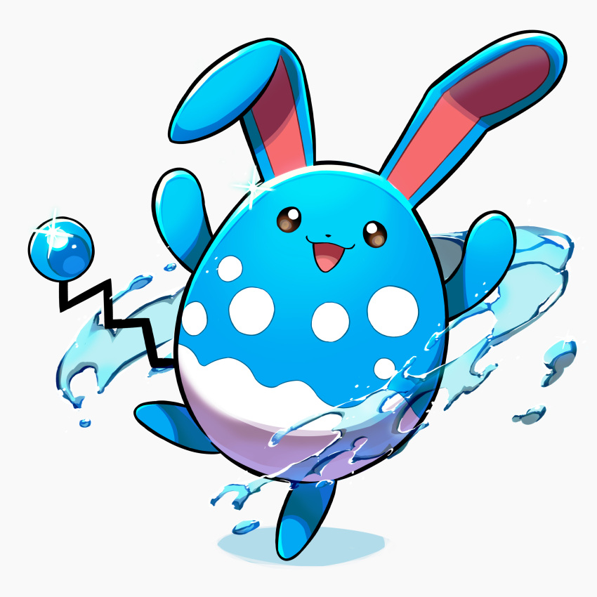 :d absurdres azumarill bright_pupils brown_eyes commentary_request full_body gen_2_pokemon happy highres leg_up nintendo no_humans nori_(hgdm2784) open_mouth pokemon pokemon_(creature) pokemon_focus smile solo sparkle standing standing_on_one_leg water white_pupils