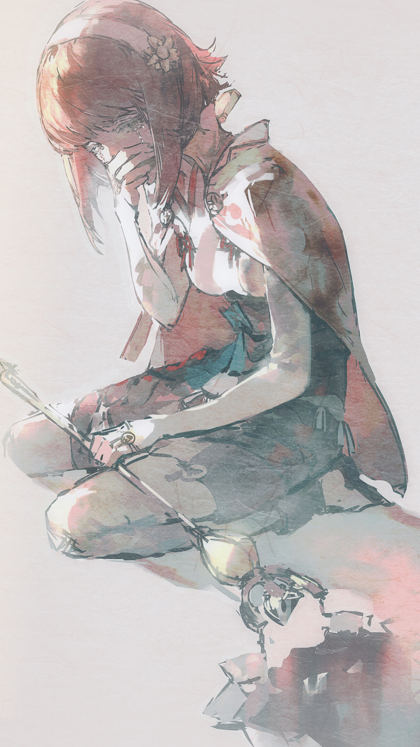 1girl absurdres breasts capelet covering_own_mouth crying crying_with_eyes_open fire_emblem fire_emblem_fates hairband highres japanese_clothes lkppp nintendo pink_eyes pink_hair sakura_(fire_emblem) short_hair small_breasts solo staff tears white_hairband