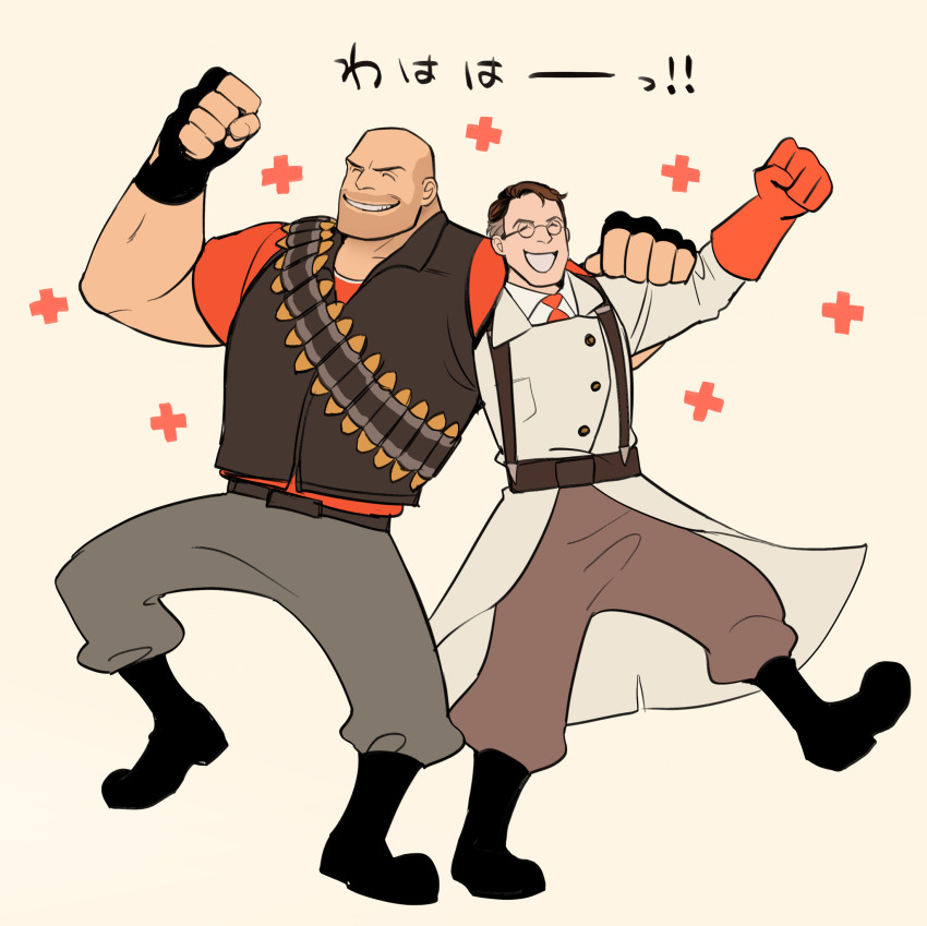 2boys ^_^ bald bandolier belt black_boots black_gloves boots brown_belt brown_hair brown_pants bulletproof_vest closed_eyes coat collared_shirt dancing fingerless_gloves glasses gloves grey_pants grin hand_on_another&#039;s_shoulder heavy_(tf2) highres long_sleeves ma2_ereki male_focus medic_(tf2) multiple_boys muscular muscular_male necktie pants plus_sign red_gloves red_heavy_(tf2) red_medic_(tf2) red_necktie red_shirt round_eyewear shirt short_hair short_sleeves simple_background smile suspenders team_fortress_2 white_background white_coat white_shirt wing_collar