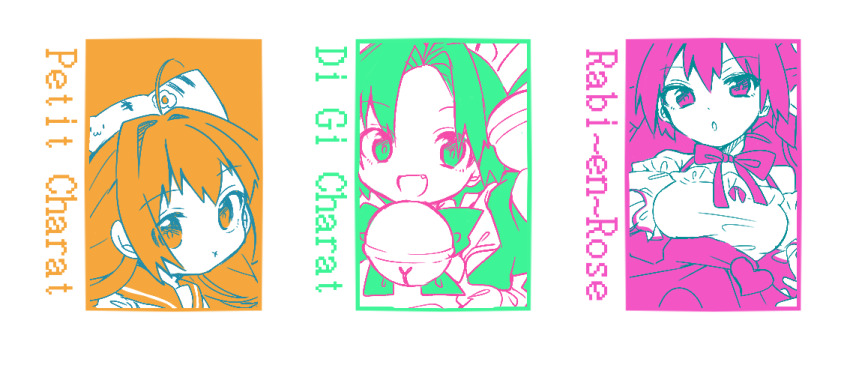 3girls ahoge animal_hat bell bow cat_hat character_name dejiko di_gi_charat fang hat long_hair looking_at_viewer multiple_girls multiple_monochrome neck_bell open_mouth puchiko short_hair usada_hikaru wadante white_background x_mouth