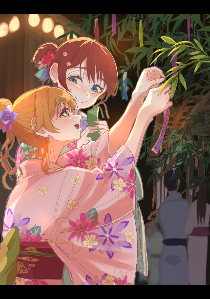 2girls absurdres arms_up bamboo blue_eyes blush brown_hair commentary crowd emma_verde floral_print floral_print_kimono flower from_side hair_bun hair_flower hair_ornament highres holding holding_tanzaku japanese_clothes kimono konoe_kanata looking_at_another love_live! love_live!_nijigasaki_high_school_idol_club monowe multiple_girls night people print_kimono smile tanabata tanzaku yukata yuri