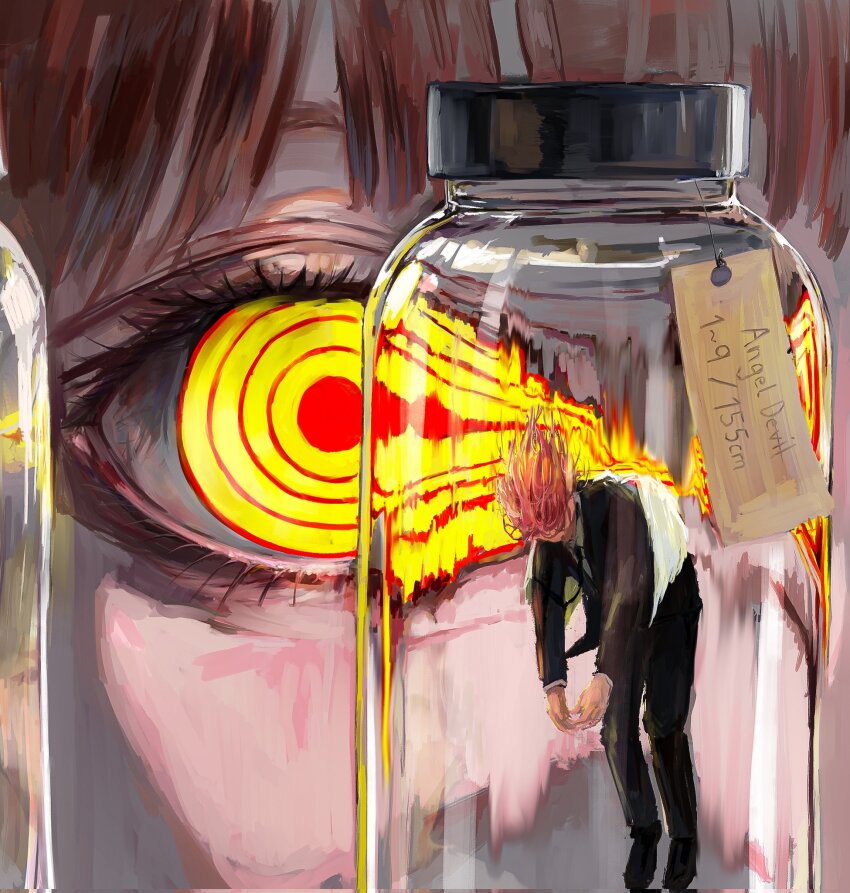 1boy 1girl angel_devil_(chainsaw_man) black_jacket black_necktie black_pants black_suit chainsaw_man character_name doeun_o_o eye_focus formal_clothes highres in_container in_jar jacket jar makima_(chainsaw_man) necktie pant_suit pants red_hair ringed_eyes suit suit_jacket tag yellow_eyes