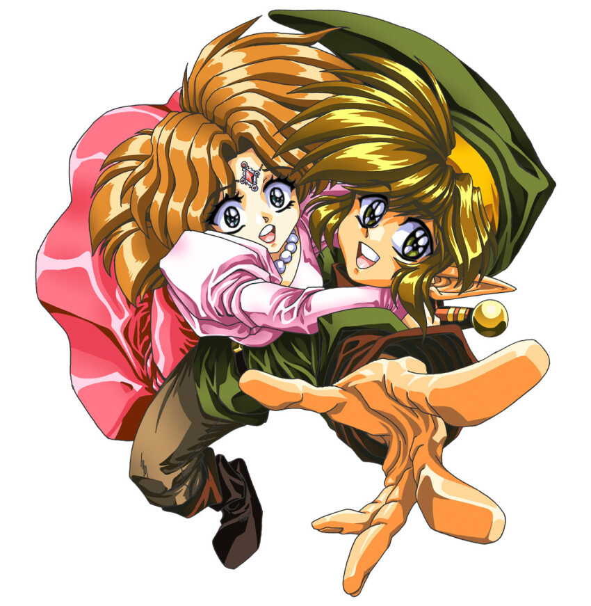 1970s_(style) 1980s_(style) 1boy 1girl blonde_hair boots brown_eyes commentary couple dennis_pulido dress elf english_commentary famicom fantasy game_console good_end happy hat highres hug jewelry link looking_at_viewer nes nintendo oldschool perspective pointy_ears princess princess_zelda reaching reaching_towards_viewer retro_artstyle scan sword teeth the_legend_of_zelda traditional_media weapon