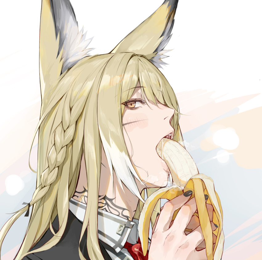 1girl animal_ears arknights banana black_nails blonde_hair blush braid brown_hair chinese_commentary commentary_request eating food fox_ears fruit highres laserflip long_hair looking_at_viewer saliva scar solo tattoo teeth variant_set vulpisfoglia_(arknights)