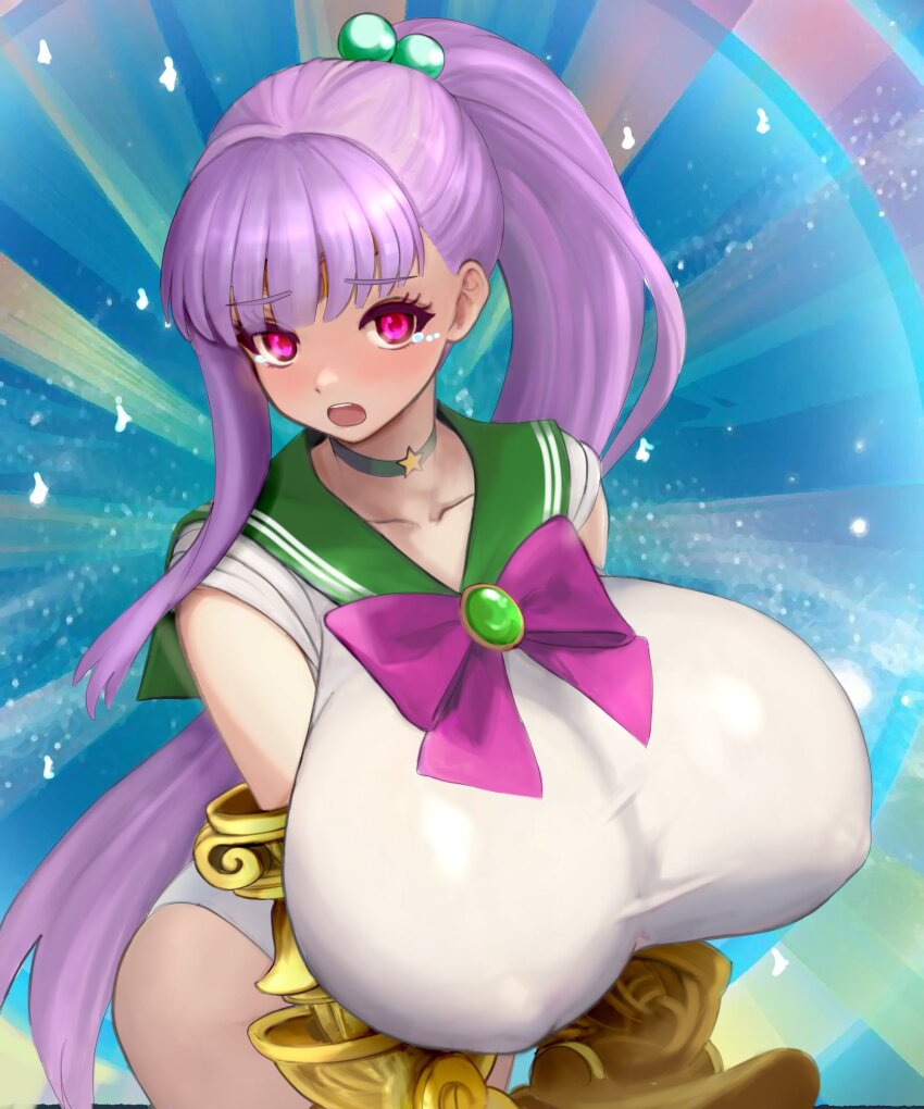 1girl absurdres bare_shoulders bishoujo_senshi_sailor_moon blush bow bowtie breasts brooch choker circlet claw_(weapon) fate/grand_order fate_(series) green_sailor_collar hair_bobbles hair_ornament hair_ribbon highres huge_breasts jewelry leotard long_hair looking_at_viewer open_mouth passionlip_(fate) pink_eyes pink_ribbon ponytail purple_hair raskasar ribbon sailor_collar sailor_senshi_uniform solo star_(symbol) star_choker tearing_up very_long_hair weapon white_leotard