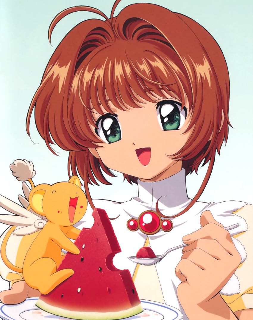 1990s_(style) 1girl ^_^ absurdres antenna_hair brown_hair cardcaptor_sakura child clamp closed_eyes eating food fruit green_eyes hair_intakes highres kero_(cardcaptor_sakura) kinomoto_sakura official_art open_mouth retro_artstyle simple_background spoon watermelon