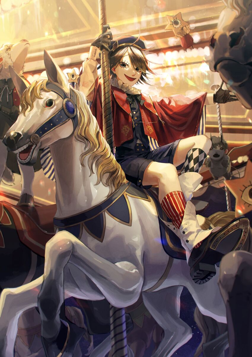 1boy absurdres black_eyes black_shorts black_vest boots brown_hair carousel full_body highres kneehighs looking_at_viewer male_focus momomo_906 original shirt short_hair shorts sitting socks solo vest white_shirt