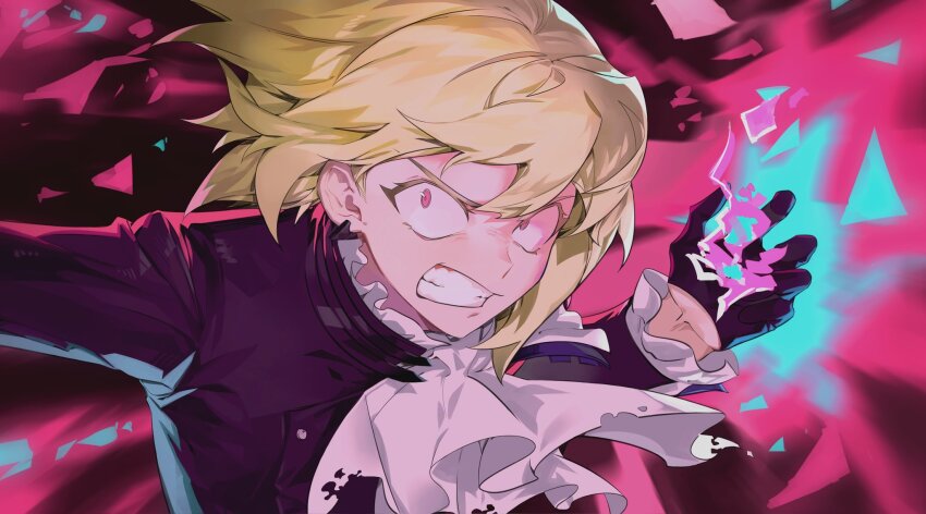 1boy androgynous angry ascot black_gloves black_jacket blonde_hair clenched_teeth fire furious gloves half_gloves highres jacket leather leather_jacket lio_fotia male_focus promare purple_eyes pyrokinesis short_hair solo teeth v-shaped_eyebrows white_ascot xing_20