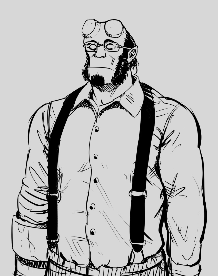 1boy alternate_costume arms_at_sides balding bara bespectacled blank_eyes broken_horn collared_shirt cowboy_shot demon_boy facial_hair glasses goatee greyscale hellboy hellboy_(comic) highres horns large_pectorals male_focus mature_male monochrome monster_boy muscular muscular_male mutton_chops pectorals shirt smagma solo suspenders ugly_bastard