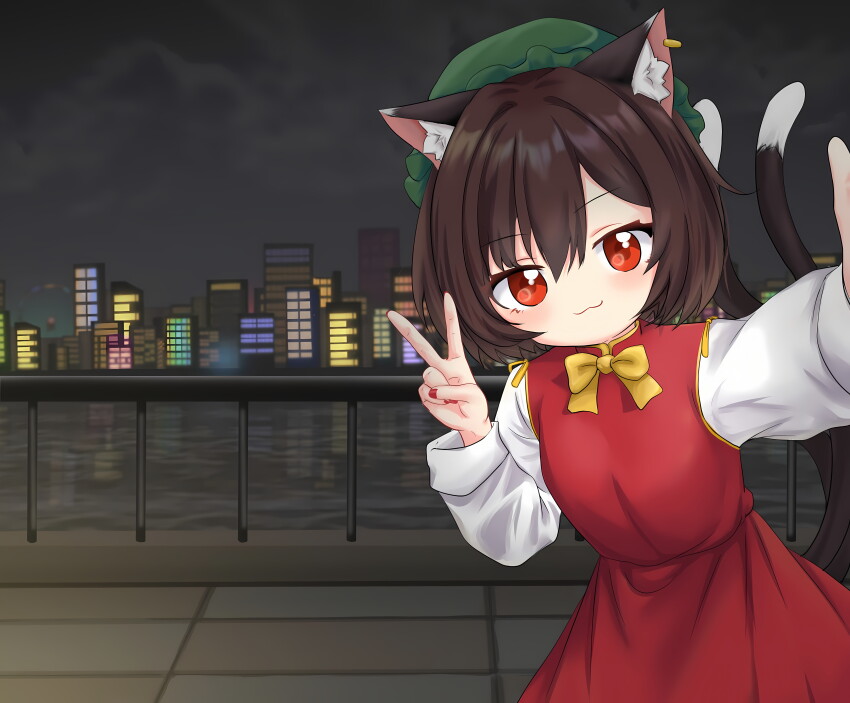 1girl :3 absurdres animal_ear_fluff animal_ear_piercing animal_ears blush bow bowtie brown_hair cat_ears cat_tail chen cloud commentary_request earrings foreshortening frills hair_between_eyes hat highres jewelry long_sleeves looking_at_viewer mob_cap multiple_tails nail_polish nekomata night no_nose outdoors perspective qi_lang3568 red_eyes red_nails red_skirt red_vest reflection reflective_water selfie short_hair single_earring skirt skirt_set skyline solo tail touhou two_tails v vest water yellow_bow yellow_bowtie