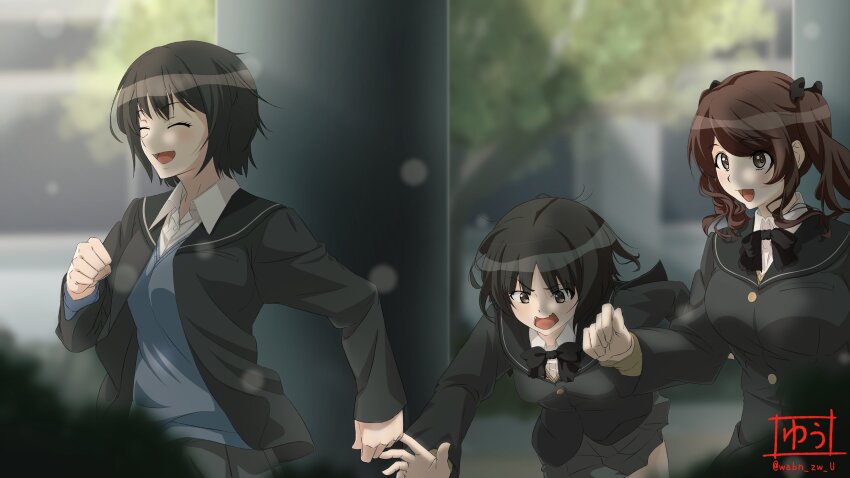 3girls absurdres amagami black_bow black_bowtie black_hair black_jacket black_sailor_collar blazer blue_sweater bob_cut bow bowtie brown_eyes brown_hair closed_mouth grey_skirt highres jacket kibito_high_school_uniform lens_flare long_sleeves multiple_girls nakata_sae nanasaki_ai open_mouth outdoors running sailor_collar school_uniform short_hair signature skirt sweater tachibana_miya tripping twintails twitter_username winter_uniform wtbn_zw_u