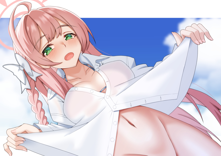 ahoge blue_archive blue_sky blush border bottomless clothes_lift commentary_request exhibitionism green_eyes halo hanako_(blue_archive) hanako_(swimsuit)_(blue_archive) highres huge_ahoge iseshi lifting_own_clothes long_hair midriff navel open_mouth pink_hair pink_halo public_indecency shirt_lift sky very_long_hair white_border