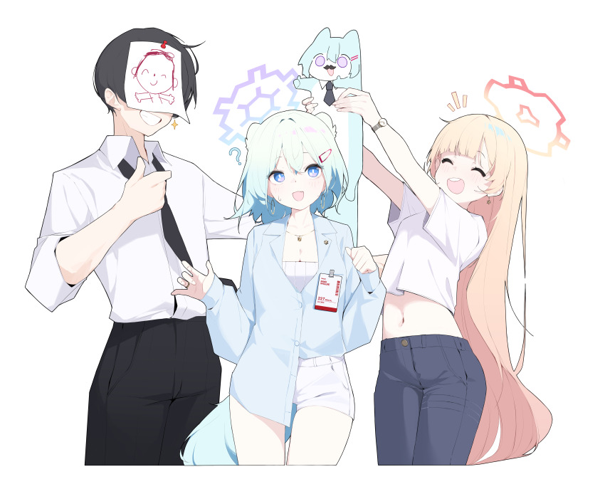 1boy 2girls absurdres alternate_costume alternate_hairstyle animal animal_ears aqua_hair arms_up black_hair black_necktie black_pants blonde_hair blue_archive blue_eyes blue_halo blue_pants blue_shirt blush breasts cat cleavage closed_eyes collared_shirt commentary covered_face cropped_shirt denim earrings hair_ornament halo hands_up highres holding holding_animal jeans jewelry long_hair long_sleeves looking_at_viewer medium_breasts midriff mona_kkkk multiple_girls navel necktie nodoka_(blue_archive) open_mouth pants puffy_long_sleeves puffy_sleeves red_halo sensei_(blue_archive) shigure_(blue_archive) shirt shirt_partially_tucked_in short_hair shorts simple_background three-quarter_sleeves sleeves_rolled_up smile tail teeth thighs upper_teeth_only weasel_ears weasel_girl weasel_tail white_background white_cat white_shirt white_shorts