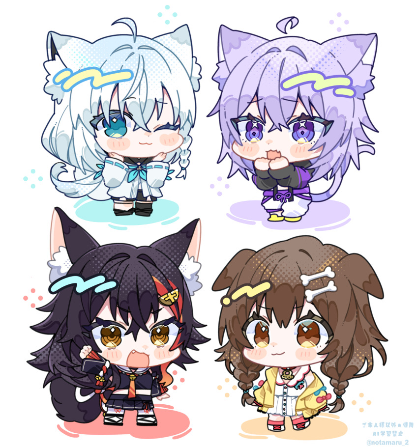 4girls :3 :d ;3 ahoge animal_ear_fluff animal_ears black_hair black_sailor_collar black_shirt black_shoes black_shorts black_skirt black_thighhighs blue_dress blue_eyes blue_hair blue_neckerchief bone_hair_ornament braid brown_eyes brown_hair cat_ears cat_girl cat_tail chibi chibi_only closed_mouth commentary_request crop_top cropped_shirt detached_ahoge dog_ears dog_girl dress fang fox_ears fox_girl fox_tail full_body hair_between_eyes hair_ornament highres hololive hololive_gamers inugami_korone inugami_korone_(1st_costume) jacket long_hair long_sleeves looking_at_viewer multicolored_hair multiple_girls neckerchief necktie nekomata_okayu nekomata_okayu_(1st_costume) notamaru_2 one_eye_closed ookami_mio ookami_mio_(1st_costume) open_clothes open_jacket open_mouth pants pleated_skirt purple_eyes purple_hair red_hair red_necktie red_socks ribbon-trimmed_sleeves ribbon_trim sailor_collar shirakami_fubuki shirakami_fubuki_(1st_costume) shirt shoes short_hair shorts simple_background single_braid single_thighhigh skirt smile socks standing streaked_hair tail thighhighs twin_braids twitter_username virtual_youtuber watermark white_background white_dress white_pants white_sailor_collar white_shoes yellow_eyes yellow_jacket yellow_shoes