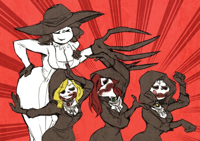 4girls alcina_dimitrescu bela_dimitrescu black_hair blood blood_on_face cassandra_dimitrescu closed_eyes daniela_dimitrescu easy_breezy eizouken_ni_wa_te_wo_dasu_na! gloves hat mechapen multiple_girls pale_skin parody red_background red_hair resident_evil resident_evil_village short_hair sun_hat tall_female