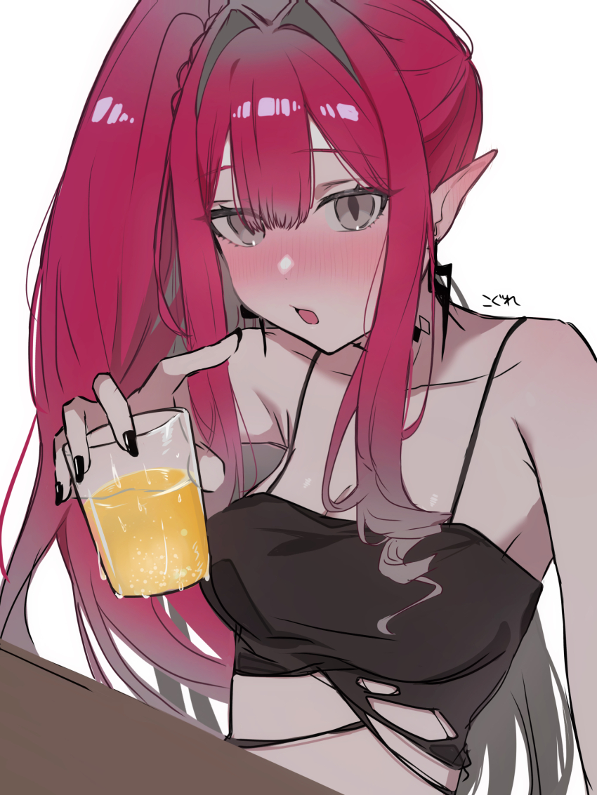 1girl 590kogure590 baobhan_sith_(fate) blush breasts camisole crop_top cup drunk earrings fate/grand_order fate_(series) grey_eyes hand_up highres holding holding_cup jewelry long_hair looking_at_viewer open_mouth pink_hair pointy_ears side_ponytail sidelocks solo spaghetti_strap white_background