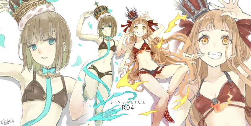1boy 1girl adjusting_clothes adjusting_headwear aqua_eyes arm_up armpits bare_arms bare_legs bikini blunt_bangs brown_hair congratulations copyright_name crown dated falling_petals fire flat_chest gretel_(sinoalice) grey_background grin high_heels highres himiko_(326ontheweb) jewelry locked_arms long_hair long_necktie multiple_girls navel necklace necktie orange_eyes parted_lips petals red_riding_hood_(sinoalice) short_hair signature simple_background sinoalice smile standing standing_on_one_leg swimsuit trap very_long_hair waving zoom_layer