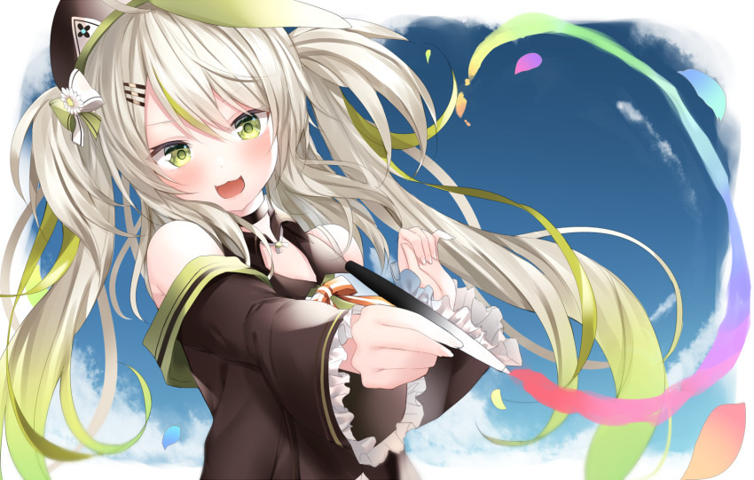 1girl :3 :d bare_shoulders beret black_choker black_dress black_hat bow brown_bow camomi_camomi choker commentary_request day dress frilled_sleeves frills gradient_hair green_eyes green_hair grey_hair hair_between_eyes hair_ornament hairclip hat highres holding holding_stylus indie_virtual_youtuber long_hair long_sleeves maruru_(marurupan) multicolored_hair nanashi_inc. open_mouth petals smile solo streaked_hair striped_bow stylus twintails virtual_youtuber wide_sleeves