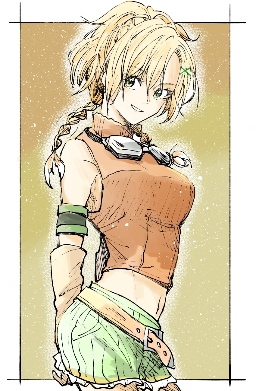 1girl absurdres arched_back armband arms_behind_back bare_shoulders belt border braid breasts cowboy_shot crop_top elbow_gloves final_fantasy final_fantasy_x fingerless_gloves frilled_shorts frills gloves goggles goggles_around_neck green_eyes green_shorts hair_between_eyes hair_ornament highres kudou_makoto looking_at_viewer loose_belt medium_breasts midriff orange_shirt parted_bangs parted_lips ponytail rikku_(ff10) shirt short_hair_with_long_locks short_shorts shorts sleeveless sleeveless_turtleneck smile solo teeth turtleneck twin_braids white_border x_hair_ornament yellow_background