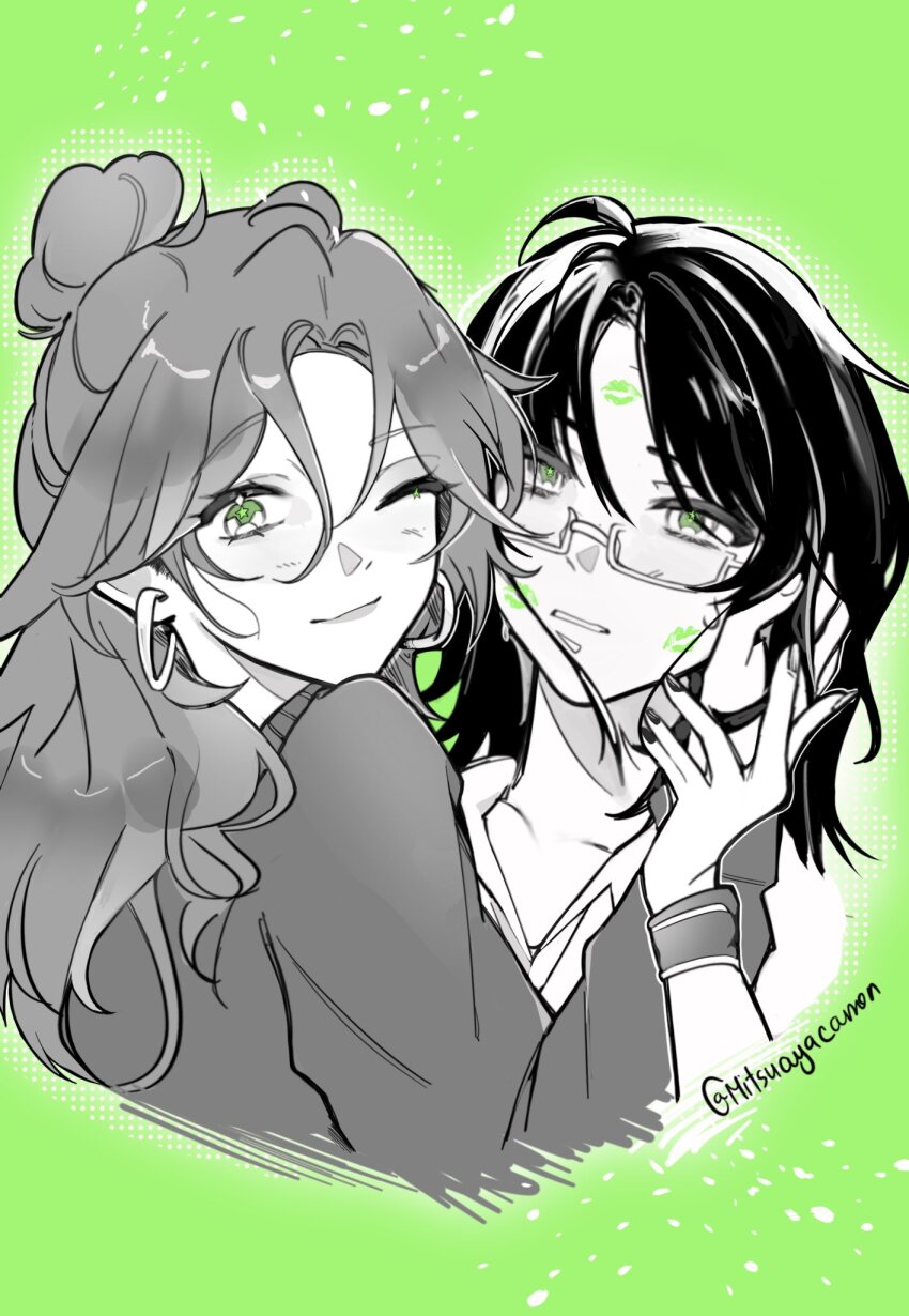2girls collarbone commentary cropped_torso earrings english_commentary glasses green_background green_eyes green_theme greyscale_with_colored_background hair_between_eyes hair_bun hand_in_another&#039;s_hair hand_on_another&#039;s_face hand_on_another&#039;s_hand highres hoop_earrings jewelry kininatteru_hito_ga_otoko_ja_nakatta koga_mitsuki lipstick_mark lipstick_mark_on_face lipstick_mark_on_forehead long_hair looking_at_viewer medium_hair mitsuayacanon multiple_girls nail_polish one_eye_closed oosawa_aya parted_bangs partially_colored semi-rimless_eyewear single_hair_bun smile spot_color star_(symbol) star_in_eye sweat sweater symbol_in_eye twitter_username wristband yuri