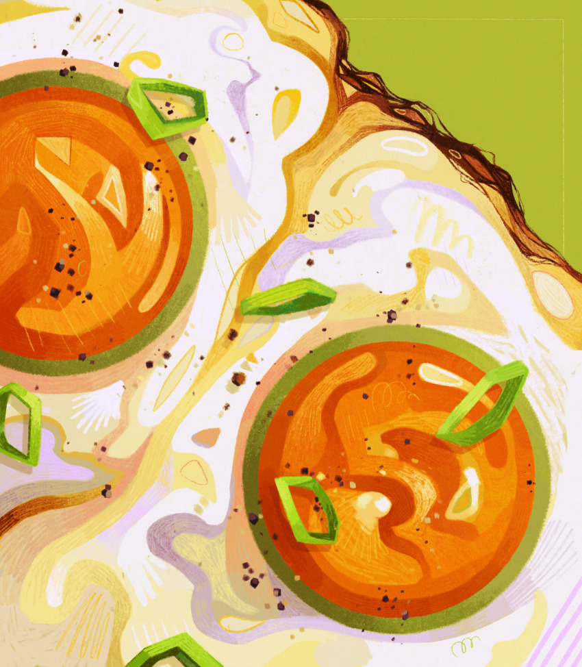 analogous_colors border breakfast close-up commentary egg egg_(food) english_commentary film_grain food food_focus fried_egg green_background green_theme highres inset_border no_humans original outside_border pepper_(spice) quezify simple_background spring_onion squiggle still_life yellow_border