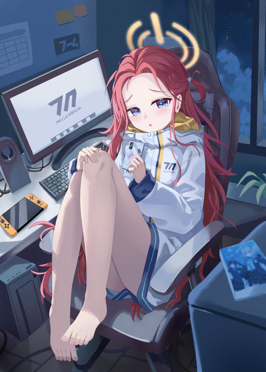 1girl :o absurdres bare_legs barefoot blue_archive blue_eyes calendar_(object) chair cloud computer computer_keyboard curtains frown full_body gaming_chair halo hand_on_own_knee highres indoors knees_up long_hair looking_to_the_side mixian night night_sky nintendo_switch open_mouth orange_halo plant red_hair serika_(blue_archive) shiroko_(blue_archive) sitting sky solo star_(sky) sticky_note swivel_chair very_long_hair window yuzu_(blue_archive)