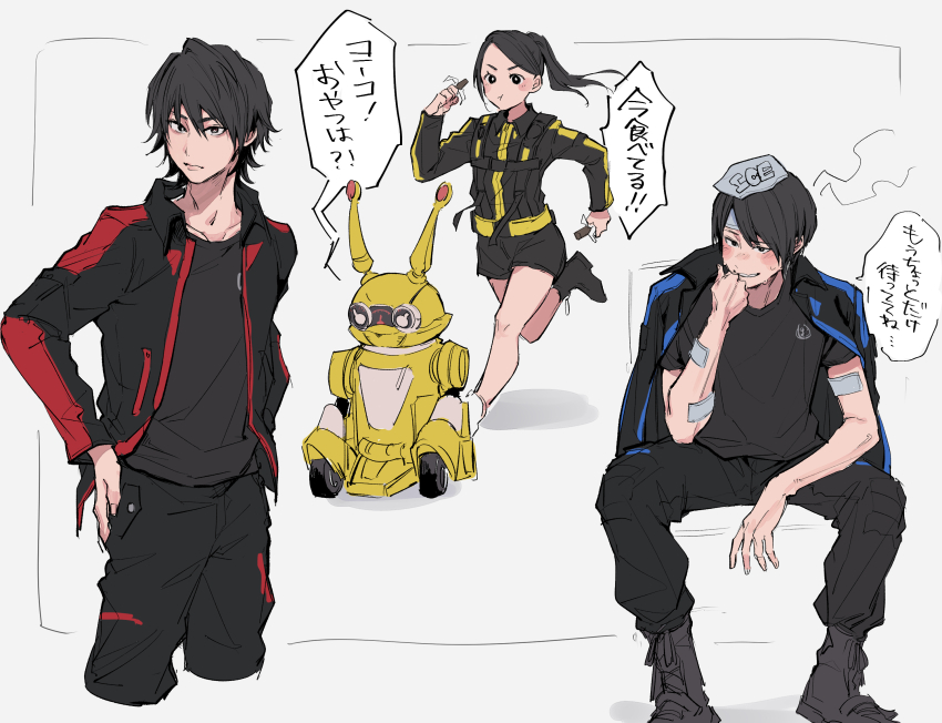 2boys bandages black_footwear black_hair black_shirt boots highres ice_pack ichiya1115 iwasaki_ryuuji multiple_boys non-humanoid_robot red_buster robot robot_animal sakurada_hiromu tokusatsu shirt super_sentai tokumei_sentai_go-busters tokusatsu usami_youko yellow_buster