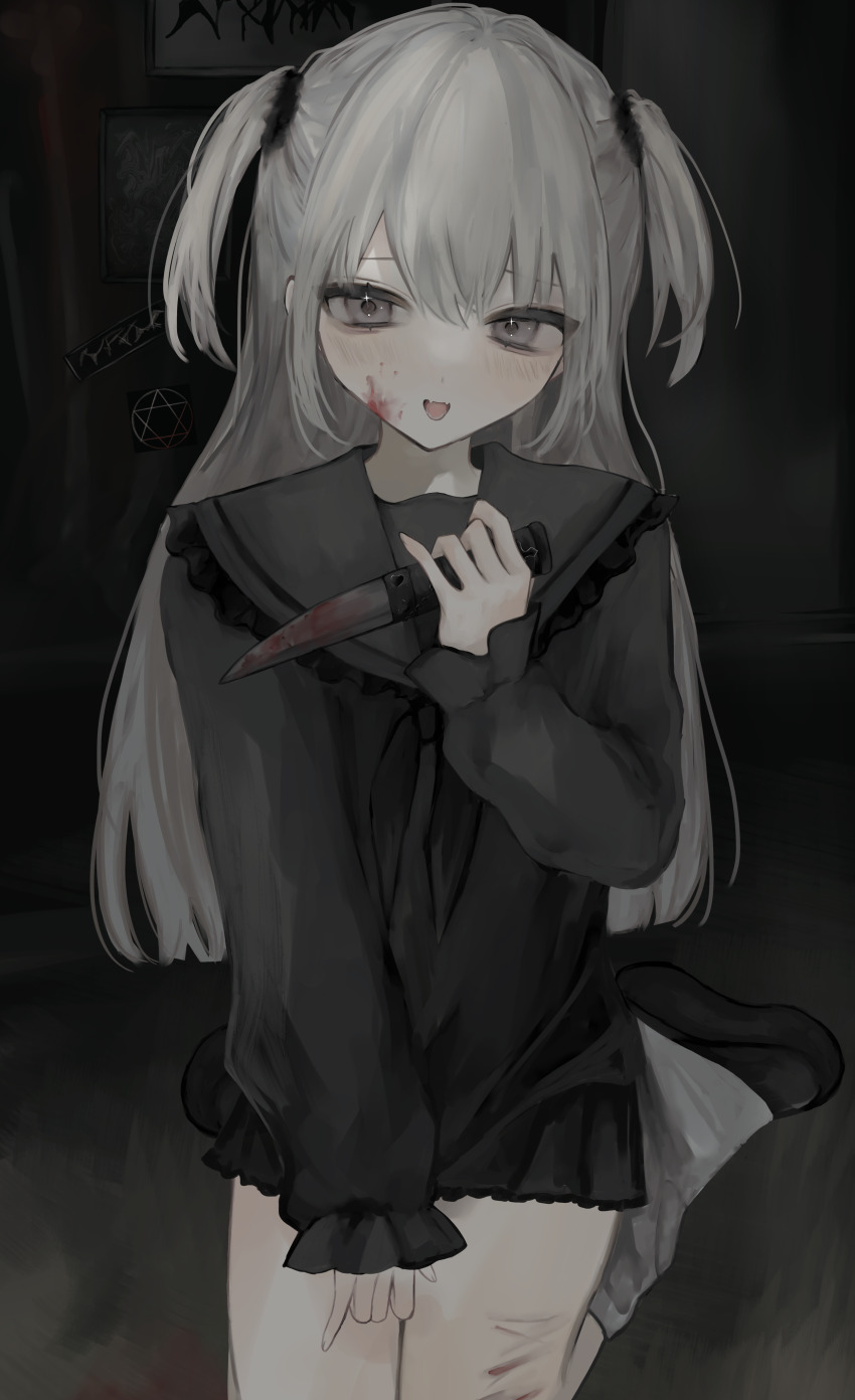 1girl absurdres black_neckerchief black_sailor_collar black_serafuku black_shirt black_shoes black_skirt blood blood_on_face blood_on_leg bloody_knife bloody_weapon blunt_ends fangs grey_eyes grey_hair highres holding holding_knife holding_weapon kanau_(u_u_zzx) knife light_blush long_hair long_sleeves looking_at_viewer loose_socks miniskirt neckerchief on_ground open_mouth original pleated_skirt sailor_collar school_uniform seiza self-harm_scar serafuku shirt shoes sitting skin_fangs skirt sleeves_past_wrists smile socks solo two_side_up weapon white_socks