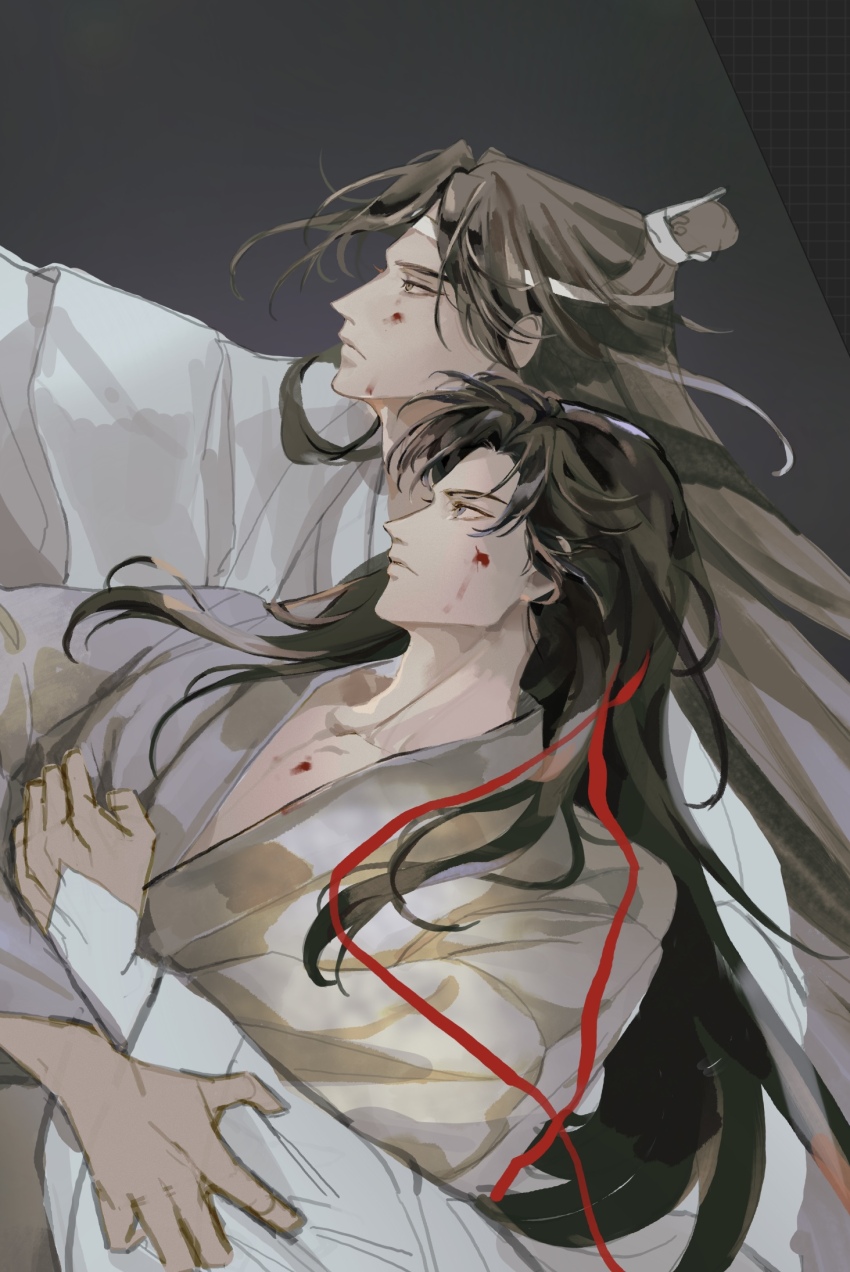 2boys black_background black_hair blood blood_on_clothes blood_on_face brown_hair chinese_clothes closed_eyes closed_mouth ddyog grey_eyes grey_hanfu hair_down hair_ribbon hanfu headband highres hug hug_from_behind lan_wangji long_hair long_sleeves male_focus modao_zushi multiple_boys profile red_ribbon ribbon robe topknot upper_body wei_wuxian wei_wuxian_(yiling_laozu) white_hanfu white_headband wide_sleeves xiao_guan_(headdress) yaoi