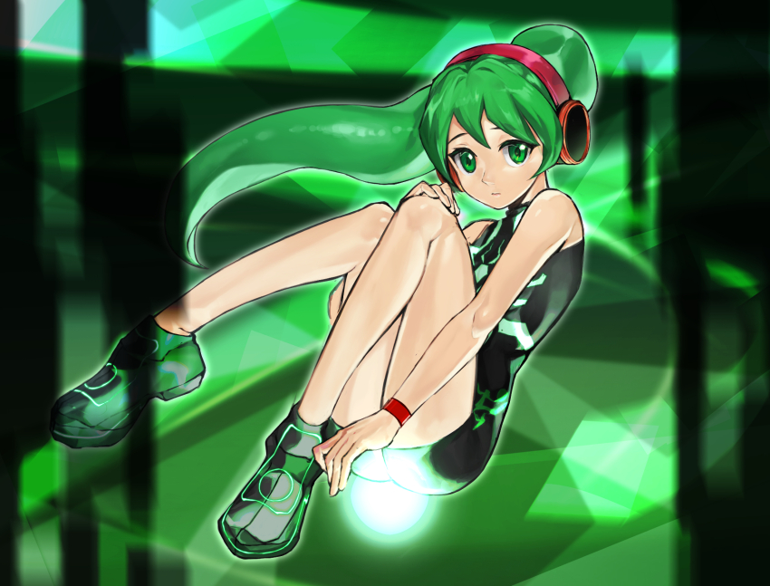 1girl android bare_shoulders bodysuit charu_(saru_getchu) closed_mouth cyberspace full_body green_eyes green_hair headphones highres kei9969 long_hair looking_at_viewer ponytail saru_getchu solo