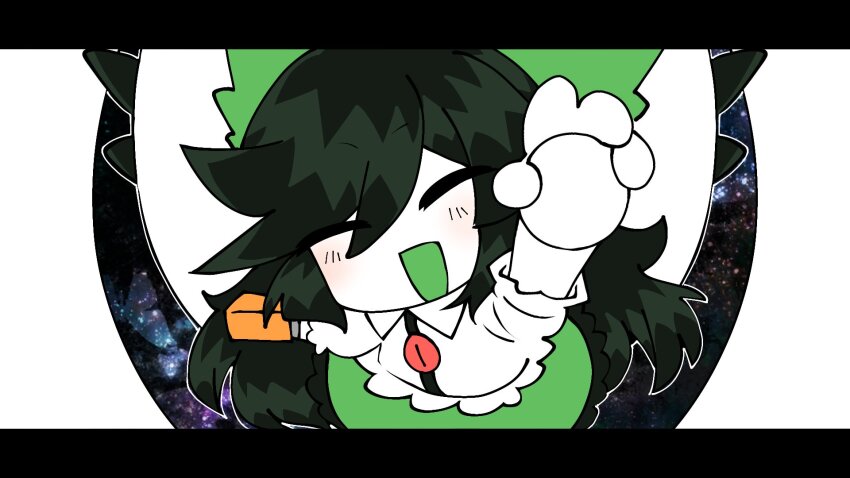 1girl arm_cannon arm_up black_hair blush bow cape cowboy_shot egg facing_up facing_viewer from_above green_bow green_skirt hair_bow highres holding holding_egg letterboxed long_hair open_mouth parody print_cape priswocaer reiuji_utsuho shirt short_sleeves simple_background skirt smile solo space_print starry_sky_print third_eye third_eye_on_chest touhou weapon white_background white_cape white_shirt wings yudetamago_yudemasu!!!!_(utau)