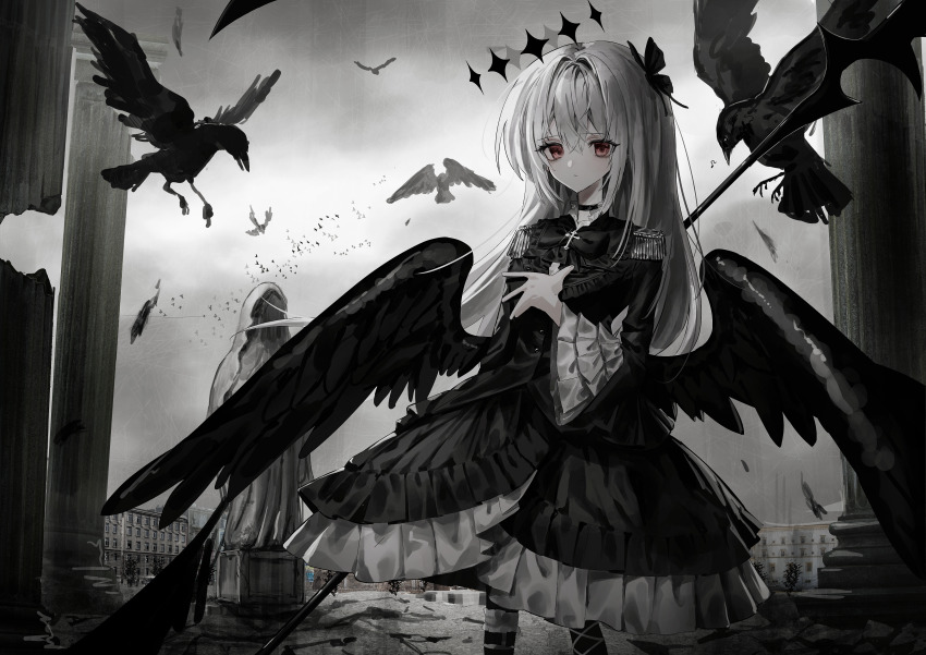 1girl absurdres bird black_bird black_bow black_bowtie black_choker black_dress black_pantyhose black_wings bow bowtie butterfly_hair_ornament choker closed_mouth column commentary commission crow dress epaulettes feathered_wings floating_crown frilled_dress frills grey_hair grey_sky hair_between_eyes hair_intakes hair_ornament hand_on_own_chest highres hiuzawa_reira holding holding_polearm holding_weapon indie_virtual_youtuber layered_sleeves long_sleeves looking_at_viewer outdoors pantyhose pillar polearm red_eyes scenery senakira skeb_commission skinny_legs sky solo standing statue too_many too_many_birds virtual_youtuber weapon wings