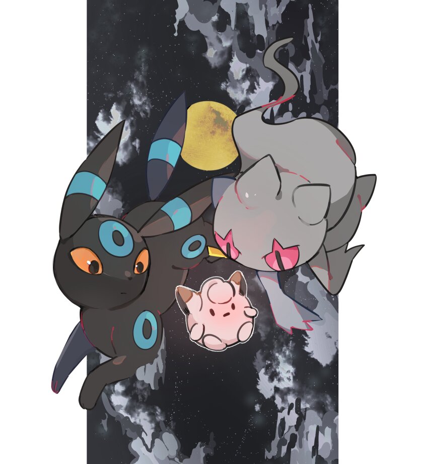 absurdres alternate_color animal_focus animal_hands banette black_fur blue_fur border claws cleffa cyauken_(ouahloup) facial_mark forehead_mark full_body gen_2_pokemon gen_3_pokemon grey_background highres looking_at_another nintendo no_humans orange_eyes pokemon pokemon_(creature) red_eyes shiny_pokemon simple_background standing umbreon white_border