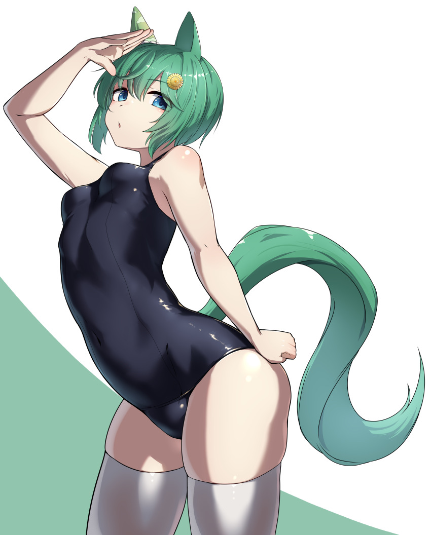 1girl absurdres animal_ears black_one-piece_swimsuit blue_eyes breasts commentary_request green_background green_hair highres horse_ears horse_girl horse_tail one-piece_swimsuit saikuu seiun_sky_(umamusume) short_hair small_breasts solo swimsuit tail thighhighs two-tone_background umamusume white_background white_thighhighs