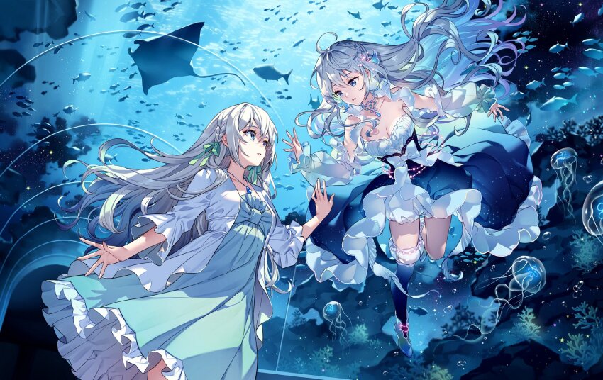 2girls ahoge aitsuki_nakuru aqua_eyes aquarium_tunnel comic_cover detached_sleeves dress dual_persona fish floating frilled_dress frills grey_hair hair_ribbon highres jacket jellyfish jewelry key_visual la_priere long_hair looking_at_another multiple_girls nardack necklace off-shoulder_dress off_shoulder official_art open_clothes open_jacket parted_lips promotional_art ribbon see-through_clothes see-through_sleeves standing suzuragi_karin underwater