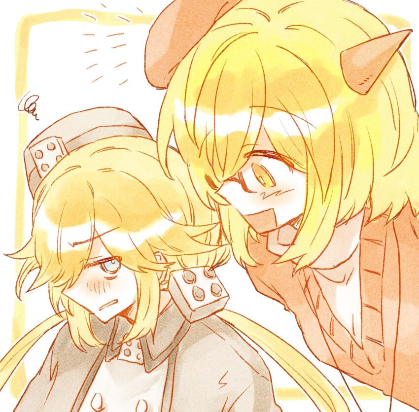 2girls beret blonde_hair blue_eyes blush border bright_pupils buttons capelet closed_mouth froze_(funamusea) funamusea green_hair grey_capelet grey_hat haiiro_teien hat highres horns jewelry long_hair looking_at_another low_twintails multiple_girls necklace open_mouth orange_eyes red_hat red_sweater shirt short_hair sidelocks single_horn smile squiggle sweater teeth tsundere twintails very_long_hair vmein_46 white_background white_pupils white_shirt yellow_border yosafire_(funamusea)