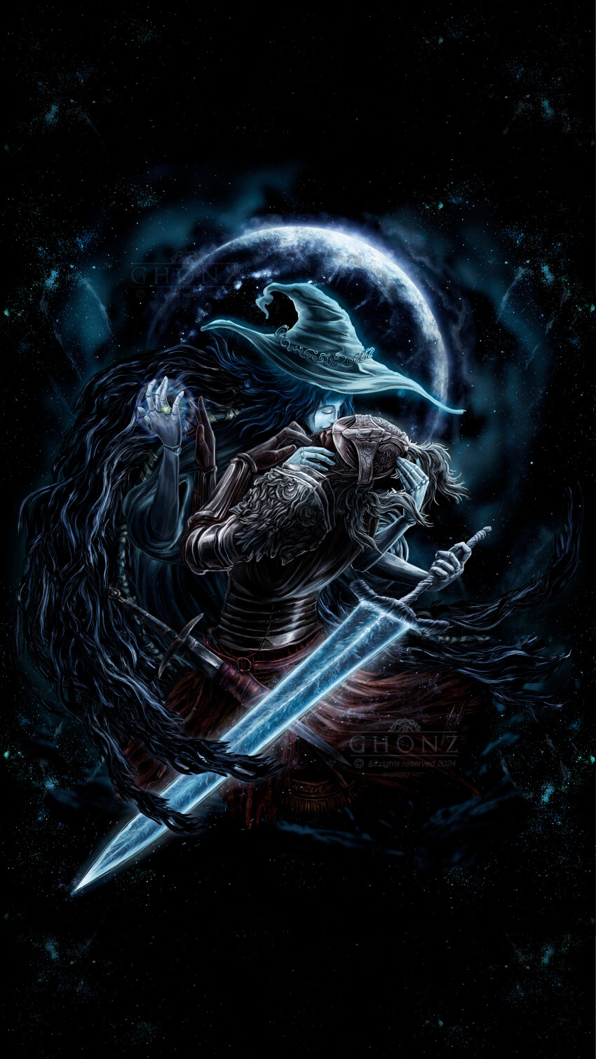 1boy 1girl 2024 absurdres armor artist_name bloody_wolf_(elden_ring) blue_hair blue_skin breastplate cape cloak closed_eyes closed_mouth colored_skin commentary copyright_notice cracked_skin doll_joints elden_ring english_commentary extra_arms full_armor fur_cape fur_cloak ghonz_art glowing glowing_jewelry glowing_sword glowing_tattoo glowing_weapon greatsword hat helm helmet hetero highres holding holding_sword holding_weapon jewelry joints kiss large_hat long_hair moonlight_greatsword ranni_the_witch ring sword tarnished_(elden_ring) tarot the_lovers_(tarot) vambraces weapon wedding_ring white_hair witch witch_hat