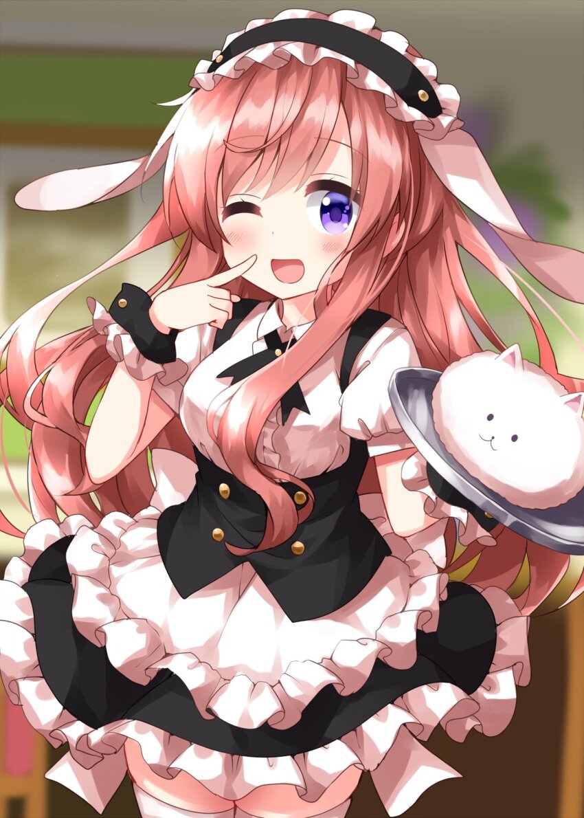 1girl ;d animal_ears apron black_hairband black_skirt black_wrist_cuffs blurry blurry_background blush breasts center_frills collared_shirt commentary_request cowboy_shot fleur_de_lapin_uniform frilled_apron frilled_hairband frilled_skirt frilled_wrist_cuffs frills gochuumon_wa_usagi_desu_ka? hairband hand_up highres holding holding_tray hoto_mocha index_finger_raised indoors long_hair looking_at_viewer lop_rabbit_ears medium_breasts one_eye_closed open_mouth pink_hair puffy_short_sleeves puffy_sleeves purple_eyes rabbit_ears ruu_(tksymkw) shirt short_sleeves skirt smile solo thighhighs tippy_(gochiusa) tray waist_apron white_apron white_shirt white_thighhighs wrist_cuffs