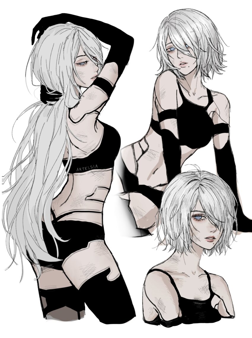 1girl a2_(nier:automata) absurdres android artelsia artist_name black_gloves black_shorts black_sports_bra blue_eyes bob_cut breasts collarbone cropped_legs dirty dirty_face elbow_gloves gloves hair_over_one_eye highres long_hair looking_at_viewer looking_back medium_breasts mole mole_under_mouth multiple_views navel nier:automata nier_(series) short_hair short_shorts shorts simple_background solo sports_bra very_long_hair white_background white_hair