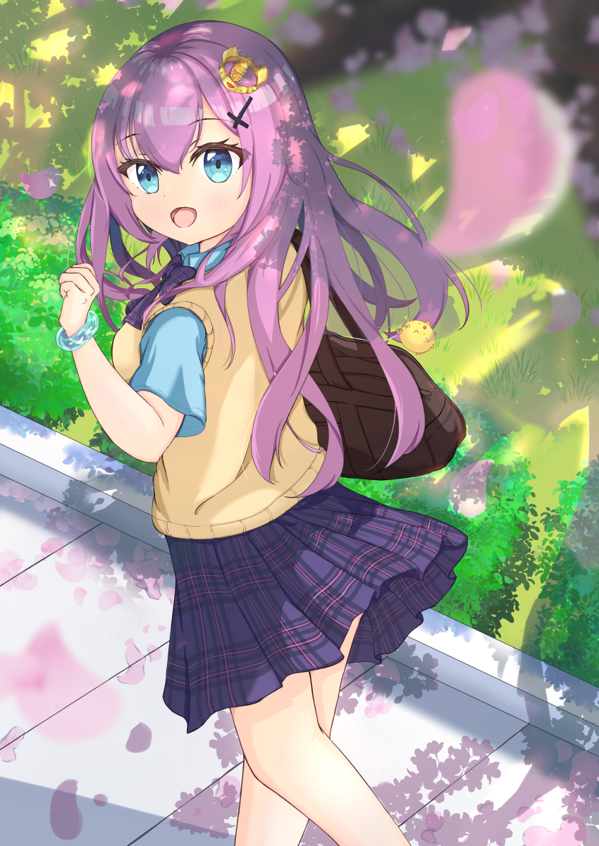 1girl absurdres azur_lane checkered_clothes checkered_skirt cherry_blossoms highres javelin_(azur_lane) javelin_(slow_ahead!)_(azur_lane) purple_hair skirt
