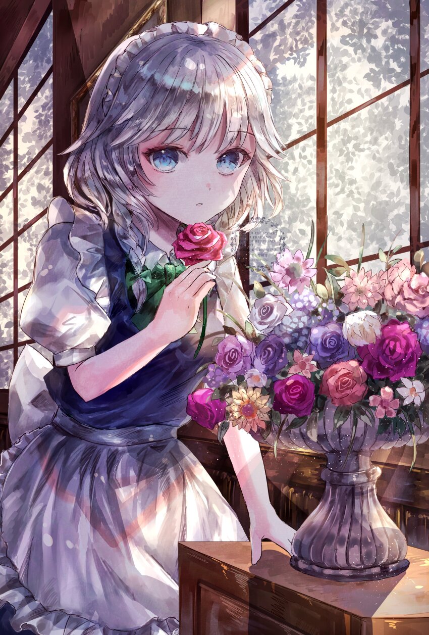 1girl absurdres apron blue_dress blue_eyes bow bowtie commentary_request dress flower frilled_apron frills green_bow green_bowtie grey_hair hand_up highres holding holding_flower indoors izayoi_sakuya looking_at_viewer maid maid_headdress parted_lips puffy_short_sleeves puffy_sleeves rose short_hair short_sleeves solo suzushina touhou vase waist_apron white_apron window