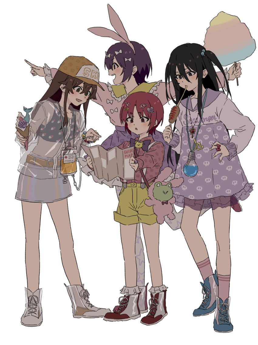 1boy 3girls absurdres animal_ears baseball_cap black_eyes black_hair blue_footwear bow brown_hair corn_dog cotton_candy crossdressing fake_animal_ears food gekota green_eyes hair_bow hair_ornament hat highres holding holding_cotton_candy holding_food holding_ice_cream holding_map ice_cream iizumi_rita intravenous_drip long_sleeves map multiple_girls multiple_hair_bows pill_print pink_socks purple_eyes purple_hair red_eyes red_footwear red_hair sakuragi_naruha seike_taroumaru shorts simple_background skull_print socks teruya_(6w6y) toaru_kagaku_no_railgun toaru_kagaku_no_railgun_t toaru_majutsu_no_index trap two_side_up white_background yakumaru_itsuki yellow_shorts